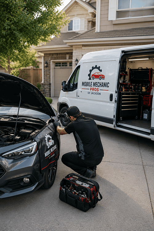 Mobile Mechanic Pros of Jackson technician repairing a car in a home driveway next to the company service van
